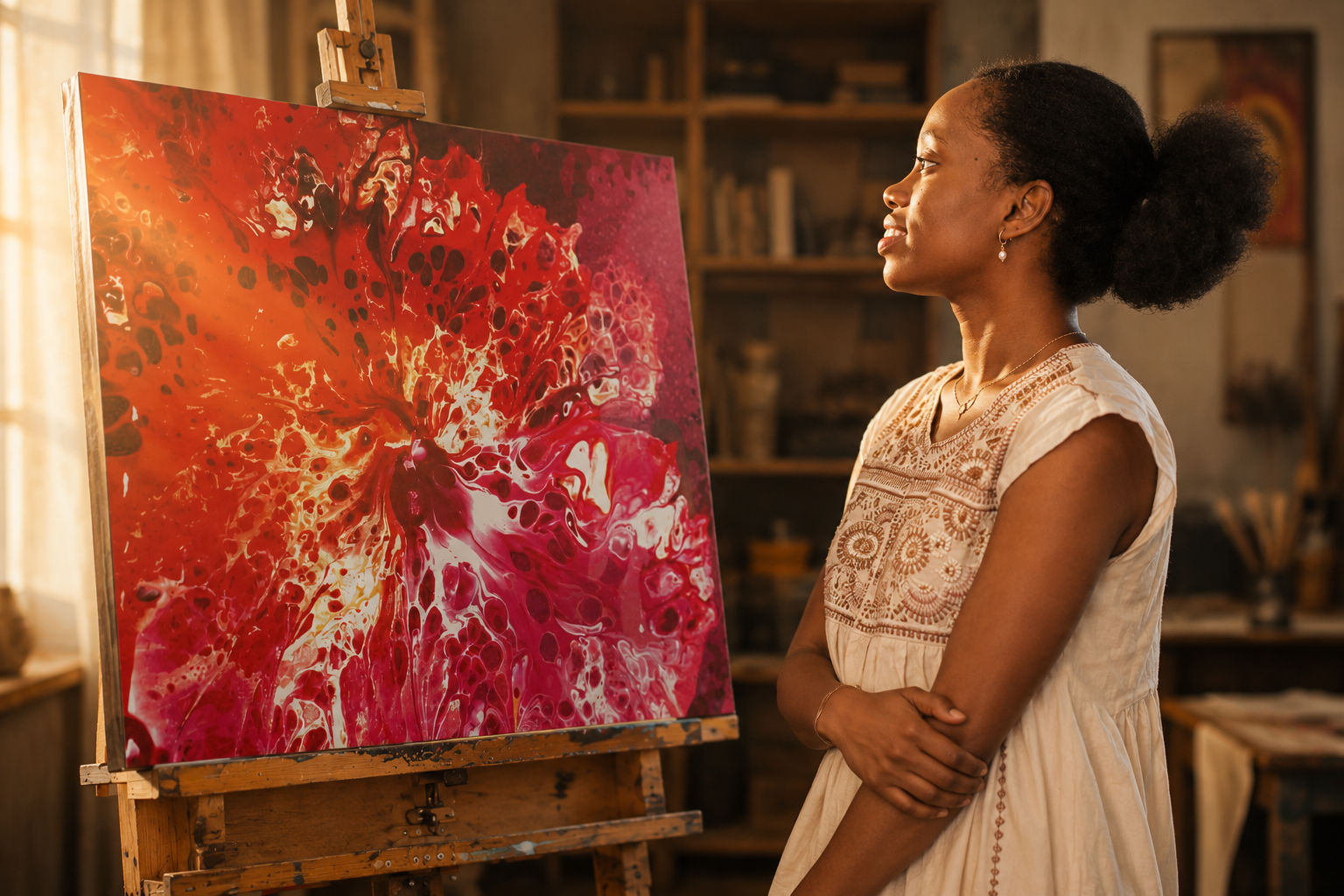 Aliz&eacute;e Saint-Louis standing beside an original red abstract painting in her studio
