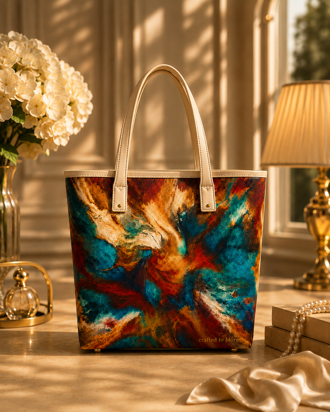 Tote bags featuring refined blue hibiscus artwork